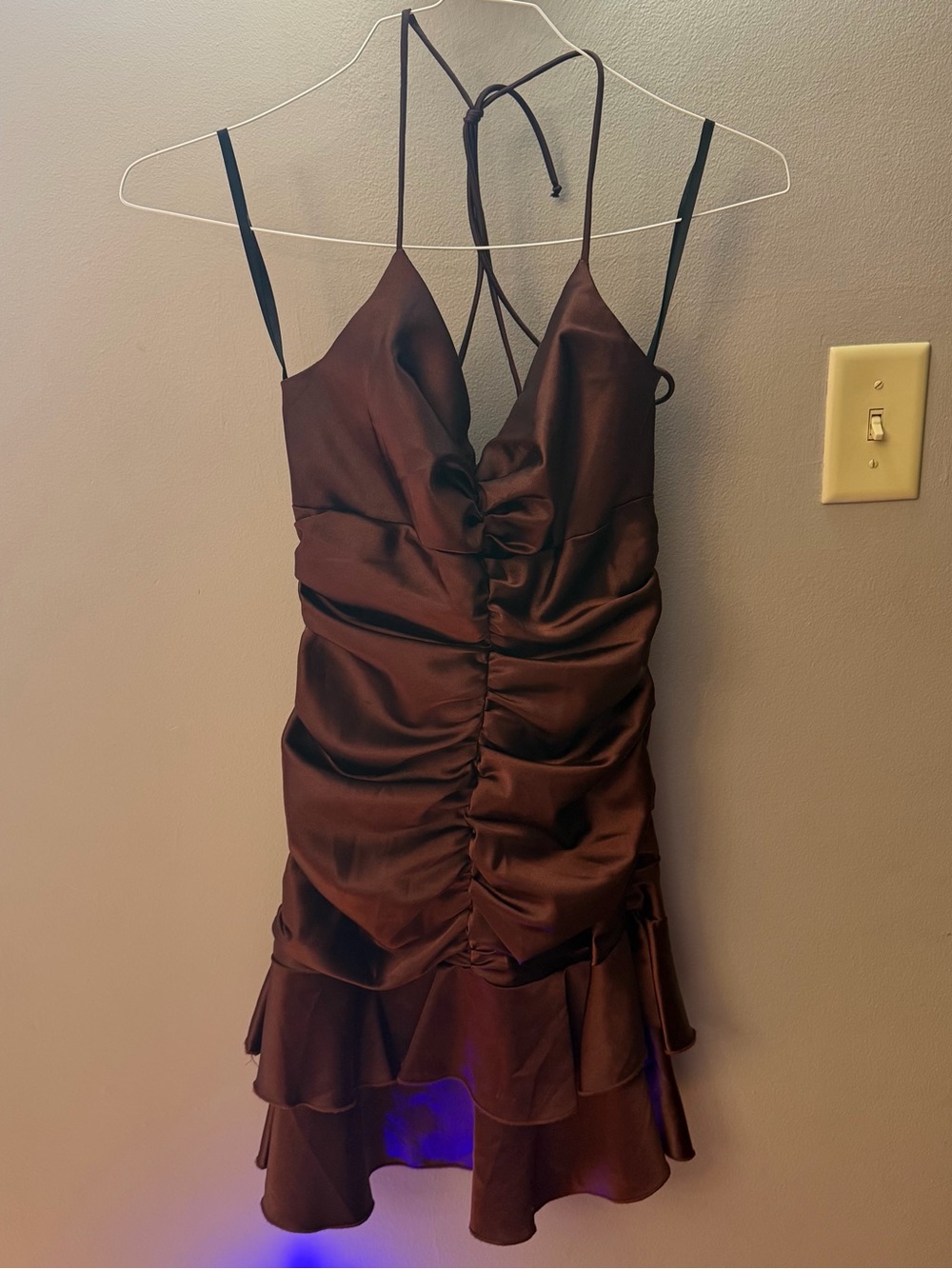 Vintage 90’s/Y2K Urban Girl Nites Brown Satin Ruched Ruffle Skirt Halter Dress